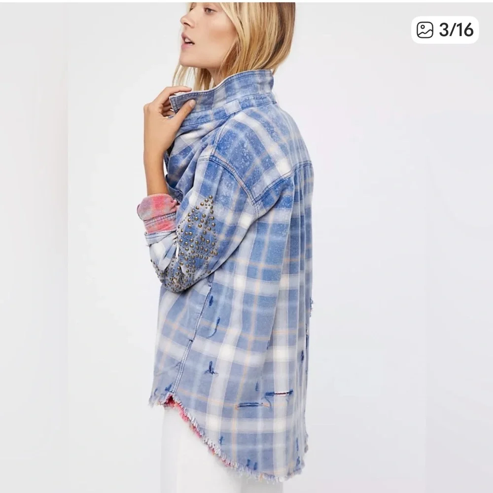 Free People Blue Plaid Deconstructed Shacket / Jacket Size Small - Picture 9 of 9